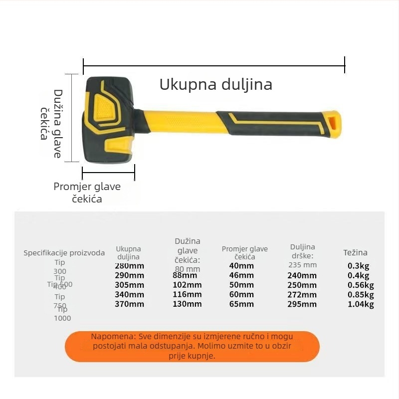 Veliki gumeni čekić za postavljanje pločica i građevinske radove – višenamjenski čekić s kandžom