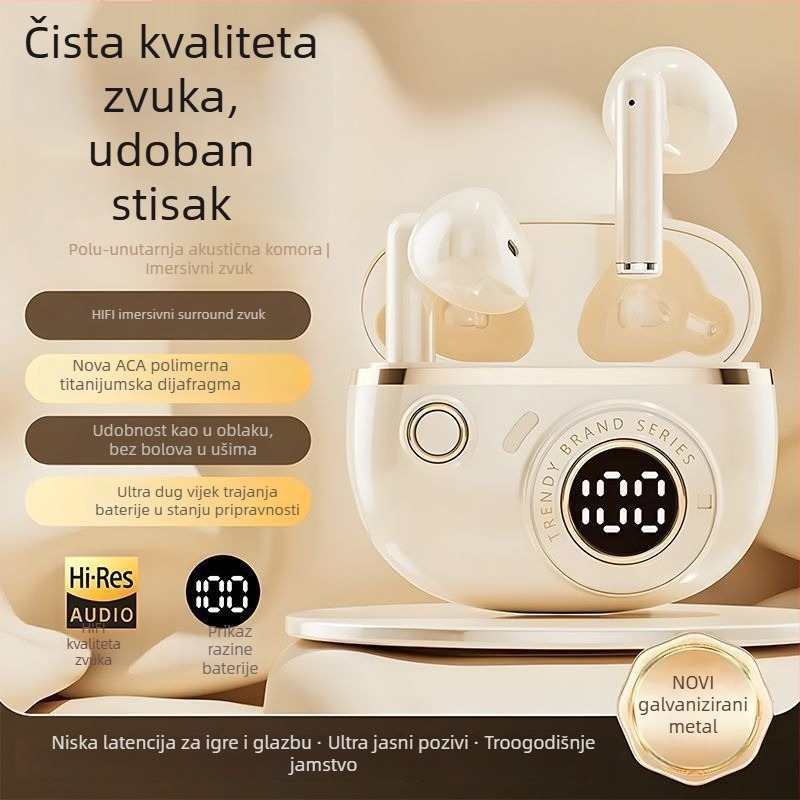 J08C In-ear Bluetooth slušalice — bežične zvuk, sportsko slušanje, redukcija buke, elegantan dizajn, dugotrajna baterija za live streaming