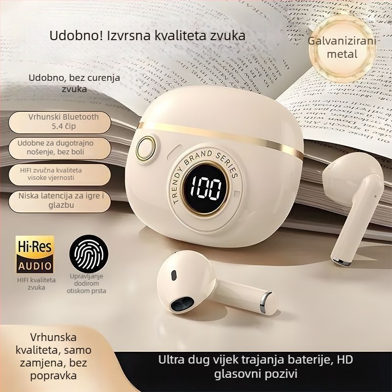 J08C In-ear Bluetooth slušalice — bežične zvuk, sportsko slušanje, redukcija buke, elegantan dizajn, dugotrajna baterija za live streaming