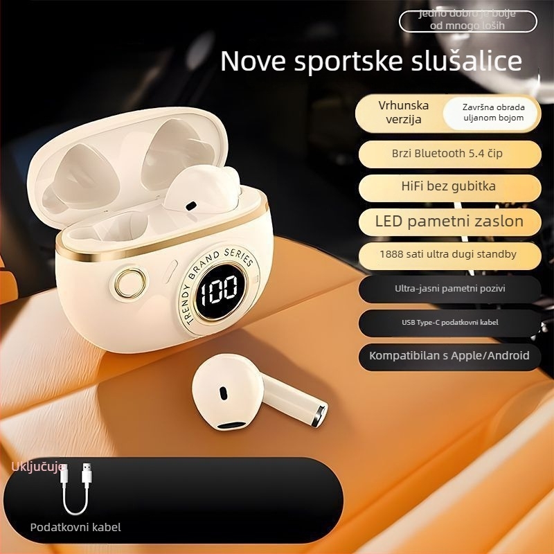 J08C In-ear Bluetooth slušalice — bežične zvuk, sportsko slušanje, redukcija buke, elegantan dizajn, dugotrajna baterija za live streaming