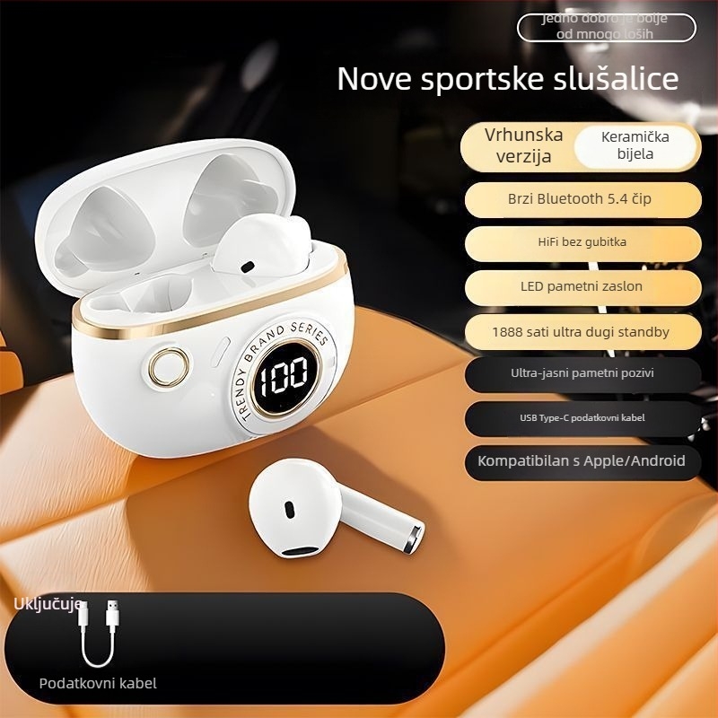 J08C In-ear Bluetooth slušalice — bežične zvuk, sportsko slušanje, redukcija buke, elegantan dizajn, dugotrajna baterija za live streaming