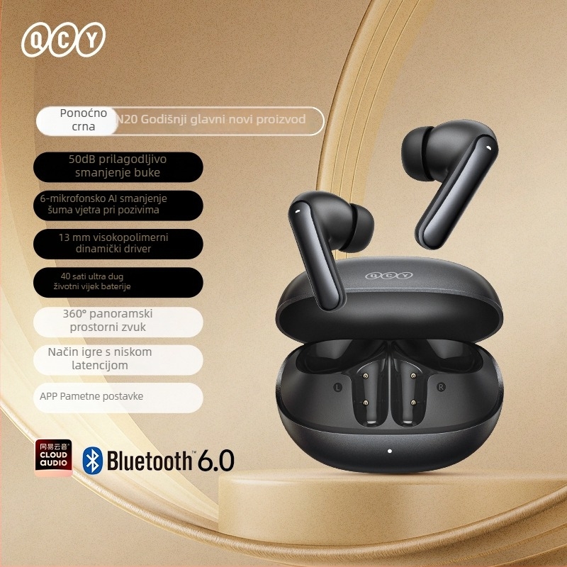 QCY N20 bežične ušne Bluetooth slušalice s adaptivnim aktivnim uklanjanjem buke do 50 dB, 6 mikrofonima za redukciju buke i dugim trajanjem baterije