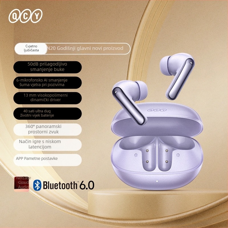 QCY N20 bežične ušne Bluetooth slušalice s adaptivnim aktivnim uklanjanjem buke do 50 dB, 6 mikrofonima za redukciju buke i dugim trajanjem baterije
