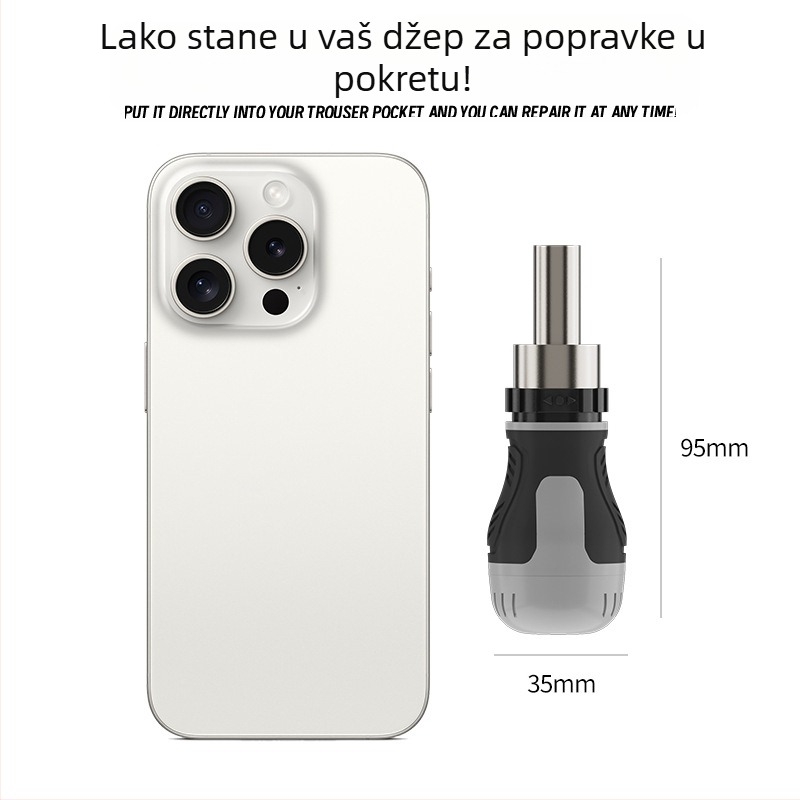 Industrijski odvijač s mehanizmom klizača, križnim i ravnim nastavcima, magnetski, kratka drška, kompaktan, vrh oblika mrkve