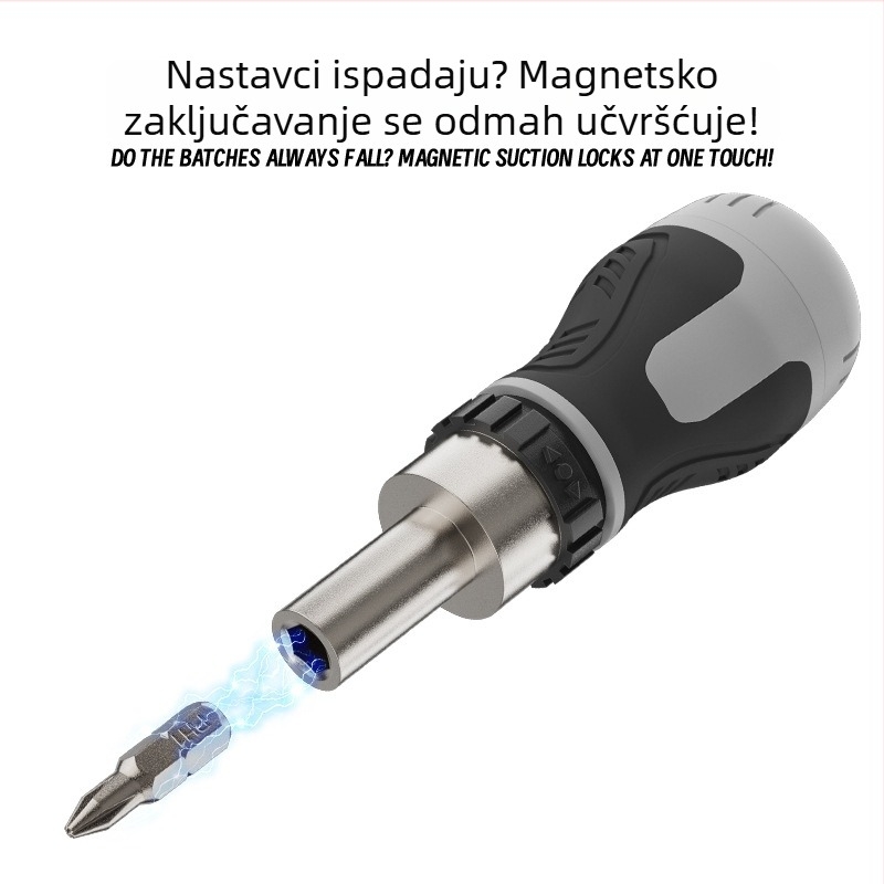 Industrijski odvijač s mehanizmom klizača, križnim i ravnim nastavcima, magnetski, kratka drška, kompaktan, vrh oblika mrkve
