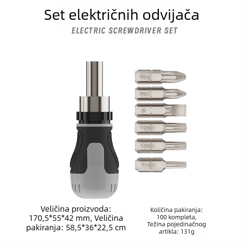Industrijski odvijač s mehanizmom klizača, križnim i ravnim nastavcima, magnetski, kratka drška, kompaktan, vrh oblika mrkve