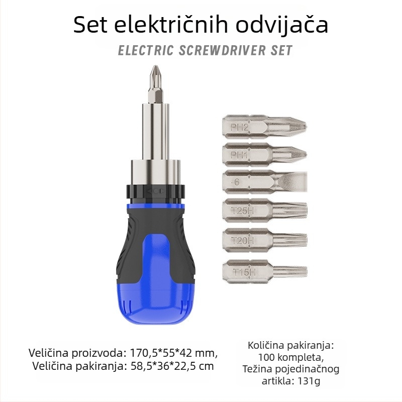 Industrijski odvijač s mehanizmom klizača, križnim i ravnim nastavcima, magnetski, kratka drška, kompaktan, vrh oblika mrkve