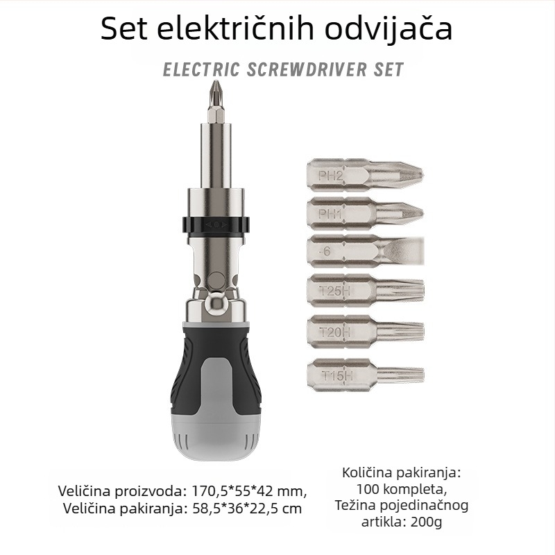 Industrijski odvijač s mehanizmom klizača, križnim i ravnim nastavcima, magnetski, kratka drška, kompaktan, vrh oblika mrkve