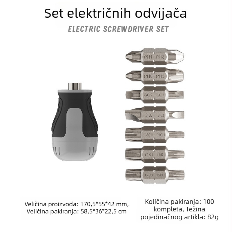 Industrijski odvijač s mehanizmom klizača, križnim i ravnim nastavcima, magnetski, kratka drška, kompaktan, vrh oblika mrkve