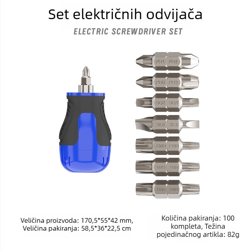 Industrijski odvijač s mehanizmom klizača, križnim i ravnim nastavcima, magnetski, kratka drška, kompaktan, vrh oblika mrkve