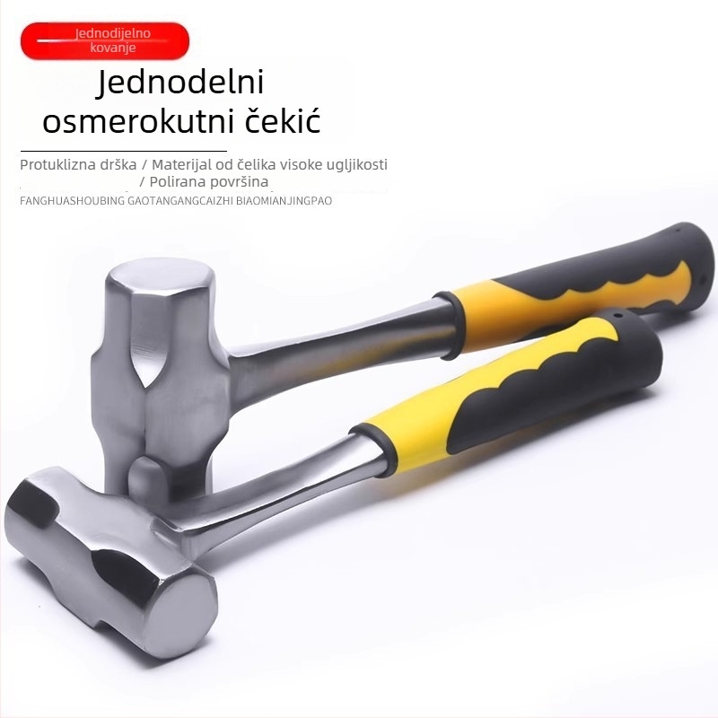 Monolitni osmerokutni čekić s drvenom drškom, glava od visokougljičnog čelika, izdržljiv alat za kućnu i građevinsku upotrebu