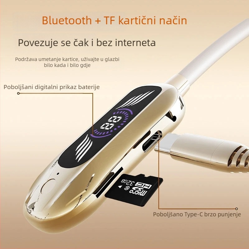 Bežične Bluetooth slušalice s trakom za vrat, AI duboko smanjenje šuma, promjena glasa i karaoke, utor za karticu, stereo