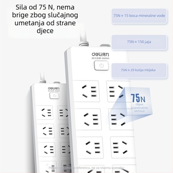 DELI 18275 Produžni priključak s 10 utičnicama, s glavnim prekidačem, prema novom nacionalnom sigurnosnom standardu, za kućnu i uredsku upotrebu.