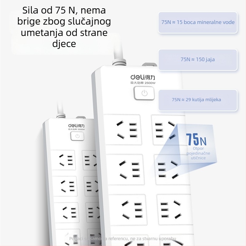 DELI 18275 Produžni priključak s 10 utičnicama, s glavnim prekidačem, prema novom nacionalnom sigurnosnom standardu, za kućnu i uredsku upotrebu.