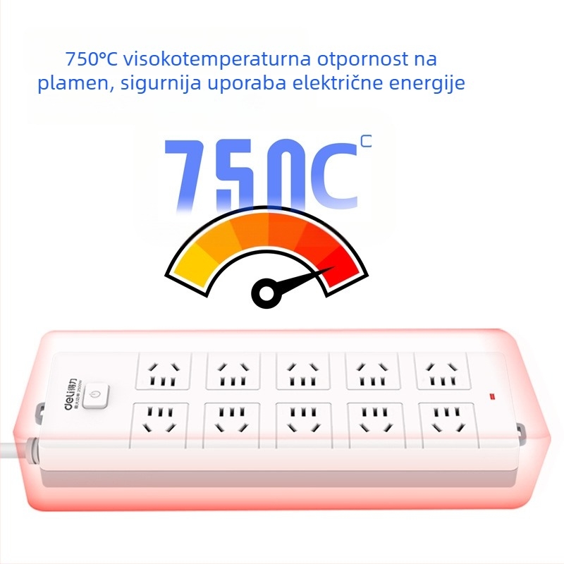 DELI 18275 Produžni priključak s 10 utičnicama, s glavnim prekidačem, prema novom nacionalnom sigurnosnom standardu, za kućnu i uredsku upotrebu.