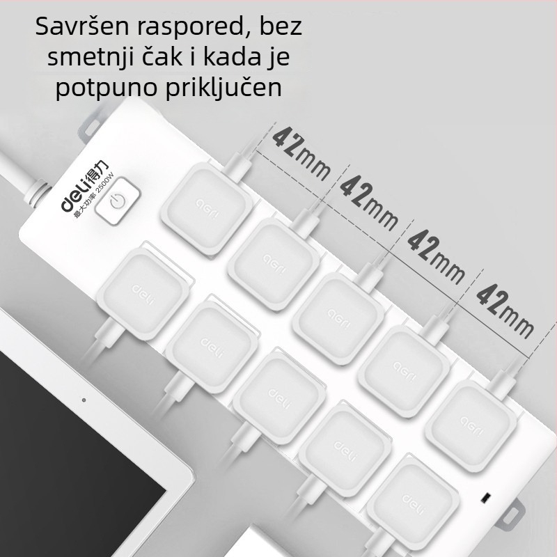 DELI 18275 Produžni priključak s 10 utičnicama, s glavnim prekidačem, prema novom nacionalnom sigurnosnom standardu, za kućnu i uredsku upotrebu.