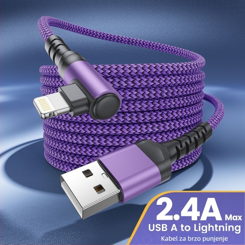 Lightning kabel za iPhone i iPad, 2.4A brzo punjenje, kompatibilan s modelima 5/6/7/8/X/11/12/13/14; konektor od aluminijske legure, crna; duljina 0.5–5 m