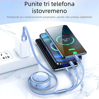 Automobilski kabel 3-u-1 s proširivim kabelom za podatke, kompatibilan s Apple i Huawei, s Lightning, Micro USB i Type-C priključcima, duljina 1–2 m.