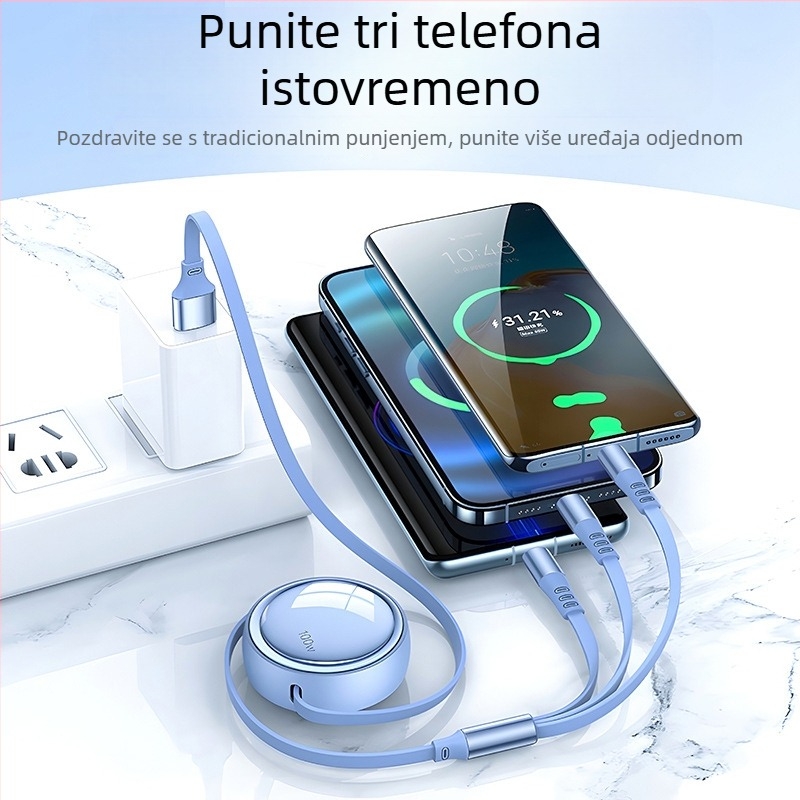 Automobilski kabel 3-u-1 s proširivim kabelom za podatke, kompatibilan s Apple i Huawei, s Lightning, Micro USB i Type-C priključcima, duljina 1–2 m.