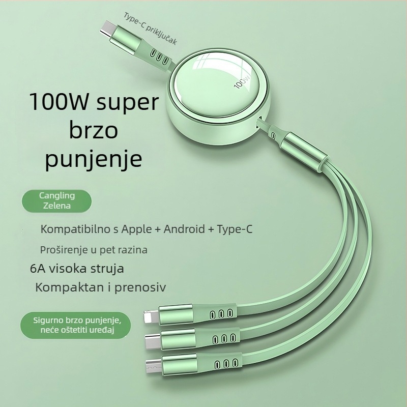 Automobilski kabel 3-u-1 s proširivim kabelom za podatke, kompatibilan s Apple i Huawei, s Lightning, Micro USB i Type-C priključcima, duljina 1–2 m.