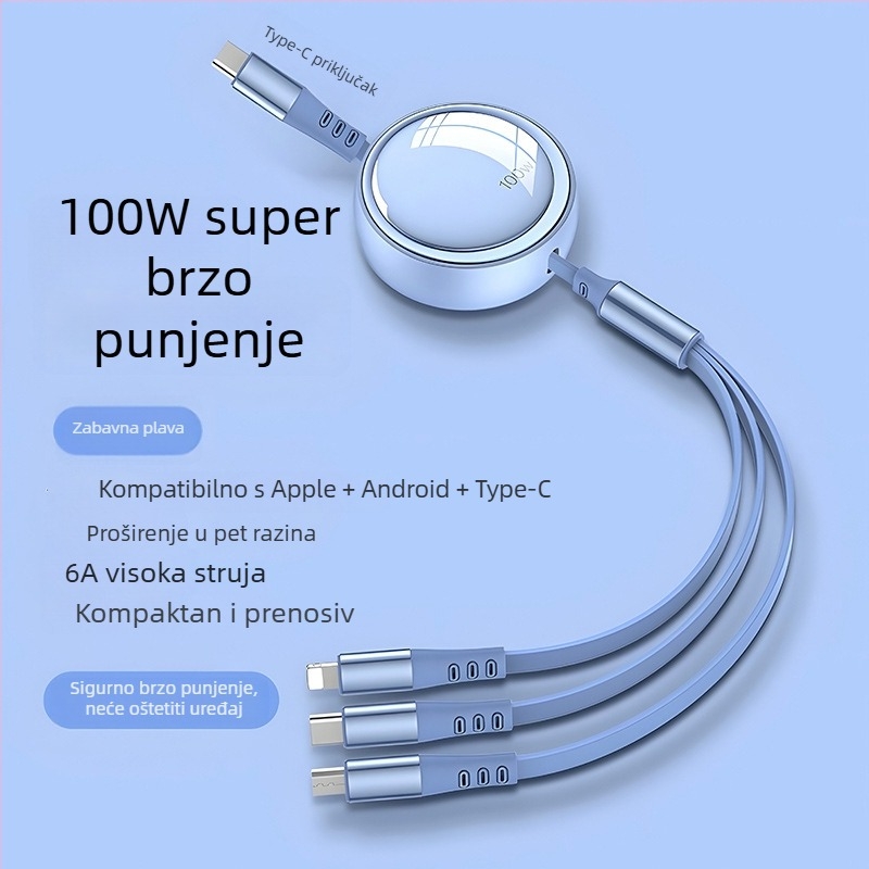 Automobilski kabel 3-u-1 s proširivim kabelom za podatke, kompatibilan s Apple i Huawei, s Lightning, Micro USB i Type-C priključcima, duljina 1–2 m.