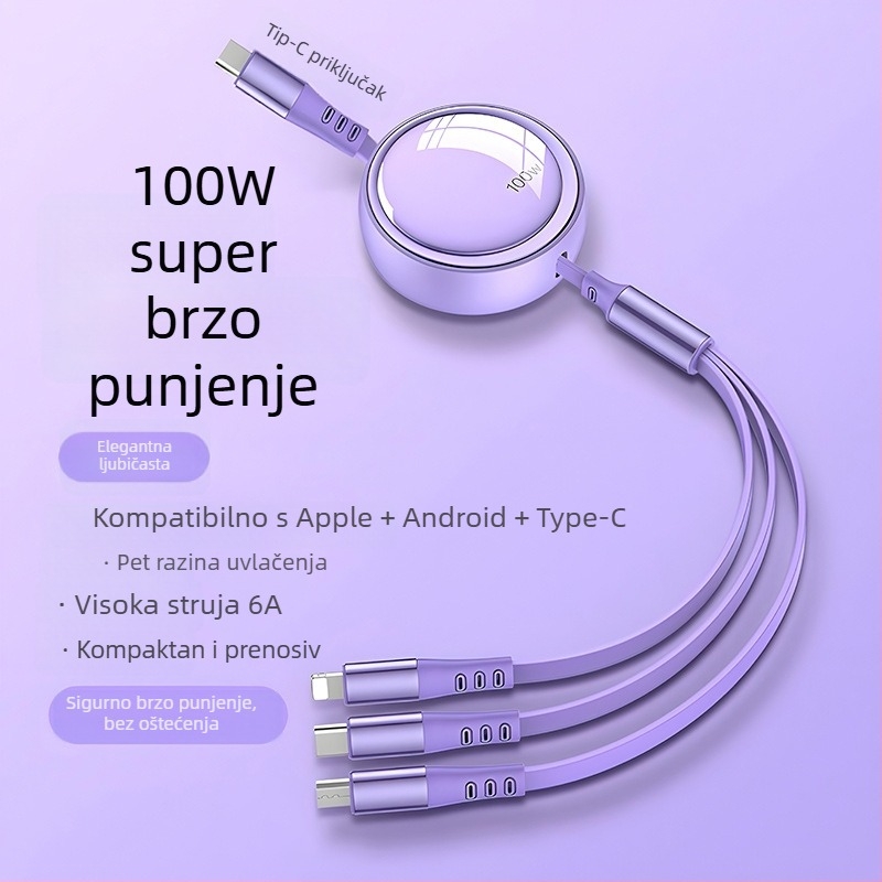 Automobilski kabel 3-u-1 s proširivim kabelom za podatke, kompatibilan s Apple i Huawei, s Lightning, Micro USB i Type-C priključcima, duljina 1–2 m.
