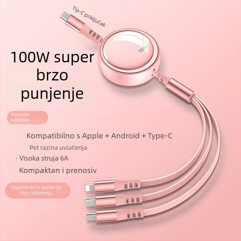 Automobilski kabel 3-u-1 s proširivim kabelom za podatke, kompatibilan s Apple i Huawei, s Lightning, Micro USB i Type-C priključcima, duljina 1–2 m.