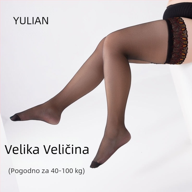 Plus-size čarape do bedra s čipkastim obrubom u paunovom uzorku, prozirni najlon 10D