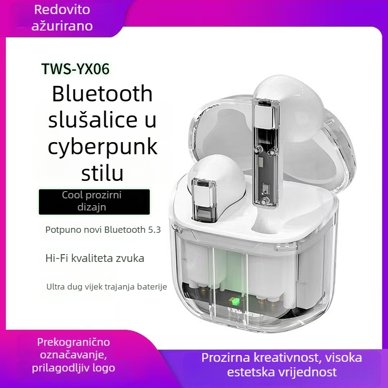 YX06 bežične Bluetooth slušalice – proziran dizajn, velika baterija, niska latencija za esports