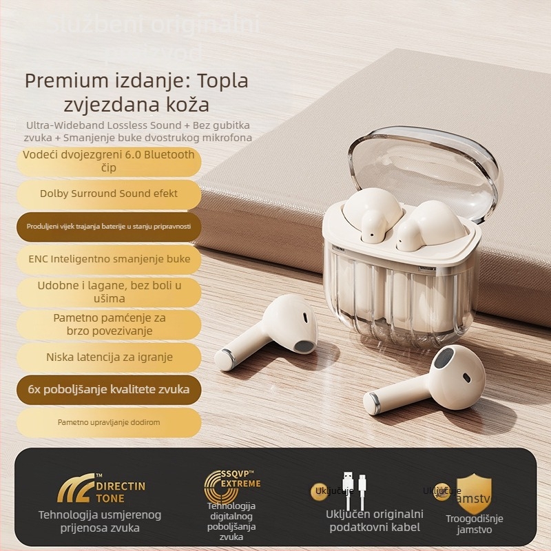 Prozirne Bluetooth slušalice, pravi bežični s aktivnim uklanjanjem šuma, in-ear za sport i igranje, s dugim trajanjem baterije