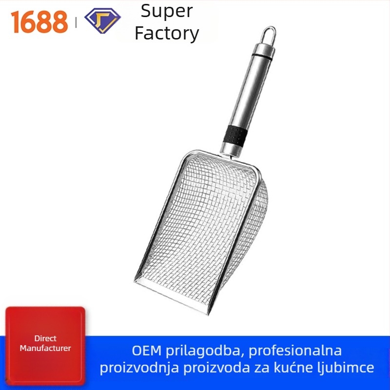Nehrđajuća čelična lopatica za mačji pijesak s finom mrežom i tubastim držalom, otvori 3,8×3,8 mm, 6-mrežni otvori