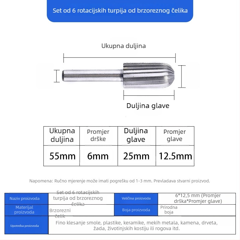 Set od 6 rotirajućih burr-a od visokou brzinskog čelika za obradu drveta i metala