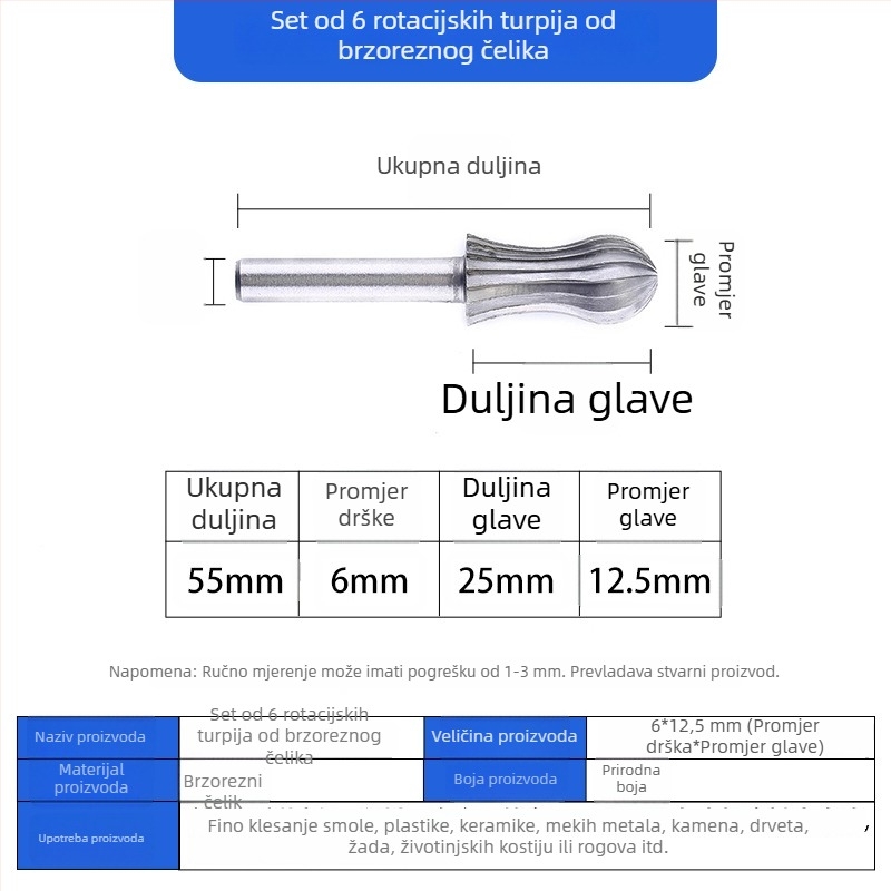 Set od 6 rotirajućih burr-a od visokou brzinskog čelika za obradu drveta i metala