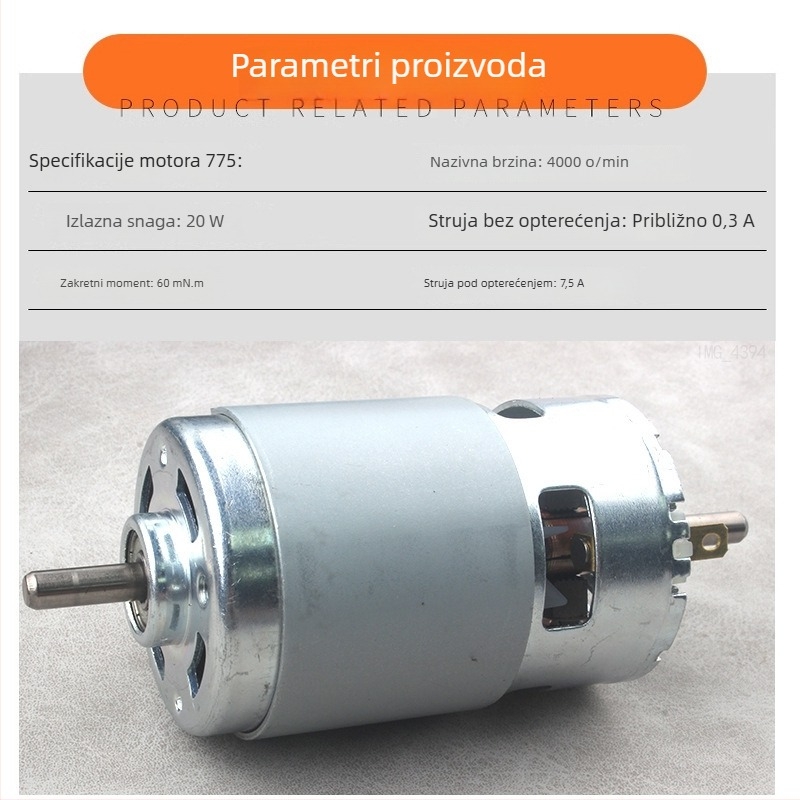 775 motor 24V visokog okretnog momenta, brusilica s regulacijom brzine bakrenim navijanjem, s jednim kugličnim ležajem i dvostrukim osovinama za rezanje