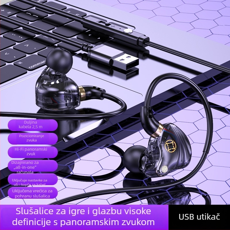 2,5 m produžene kabelske gejmerske slušalice za PC s USB i 3,5 mm priključkom za PUBG i Peace Elite