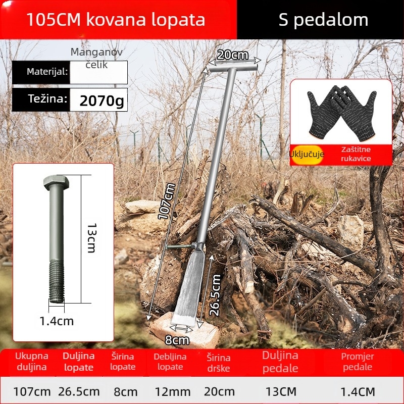 Lopata od manganskog čelika za kopanje stabala, kompaktna Luoyang lopata, profesionalni alat za kopanje korijena i tla u poljoprivredi.