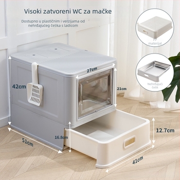 Velika kutija za pijesak mačaka od nehrđajućeg čelika i plastike, sklopiva zatvorena konstrukcija, otvoreni variant s ladicom