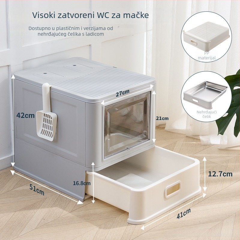 Velika kutija za pijesak mačaka od nehrđajućeg čelika i plastike, sklopiva zatvorena konstrukcija, otvoreni variant s ladicom