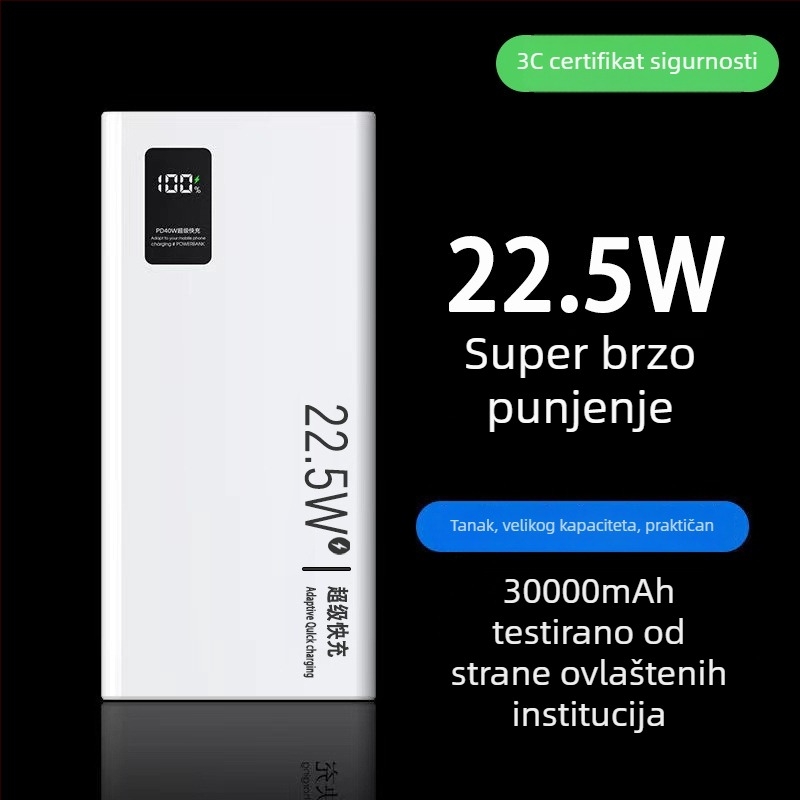 Power Bank 30000mAh, 22.5W PD brzo punjenje, 3C certifikat, LCD zaslon, dvostruko brzo punjenje, mogućnost logotipa
