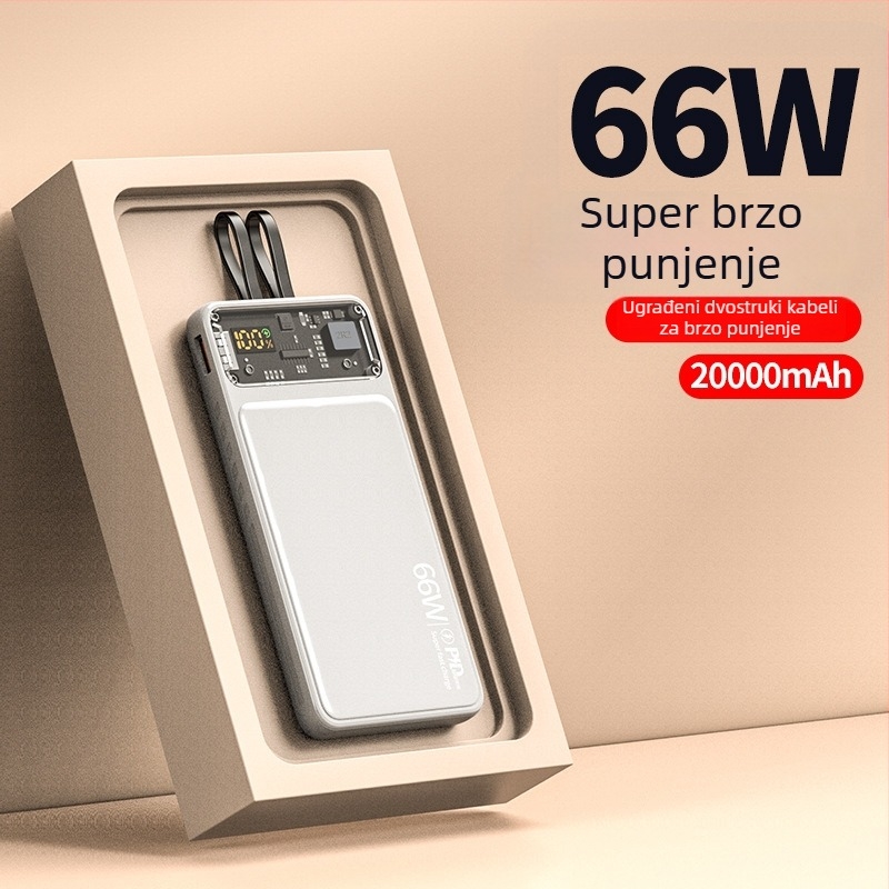 66W Power Bank 20000mAh s ugrađenim kabelom za brzo punjenje, ultra-tanki prozračni prijenosni punjač, kompatibilan s iPhone 17