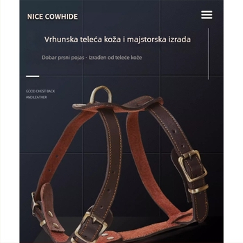 Kožni prsluk-harnes za pse sa vodilicom, od prve sloje kože, za srednje i velike pse