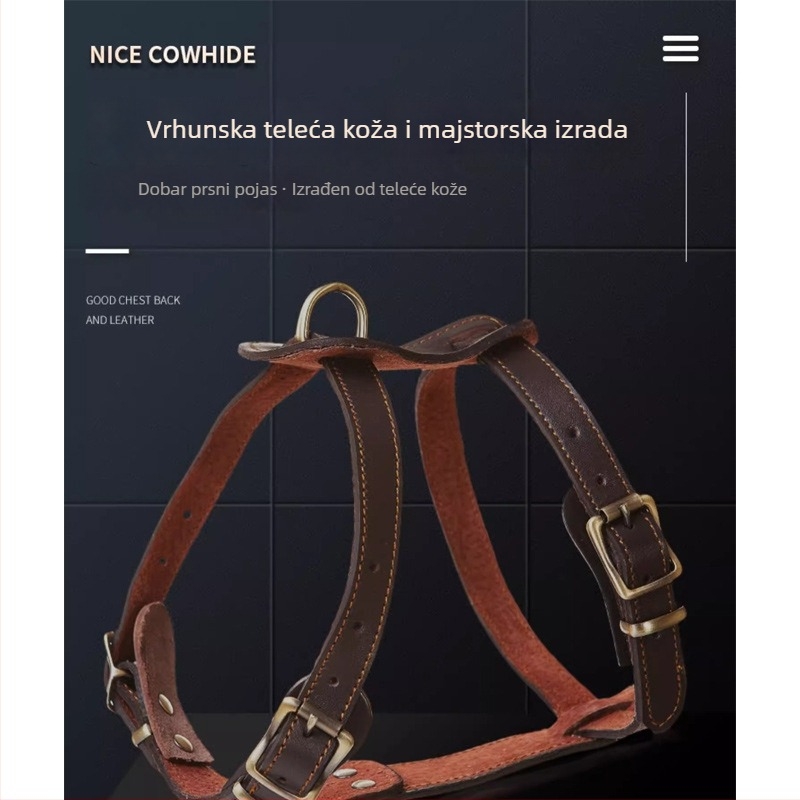 Kožni prsluk-harnes za pse sa vodilicom, od prve sloje kože, za srednje i velike pse
