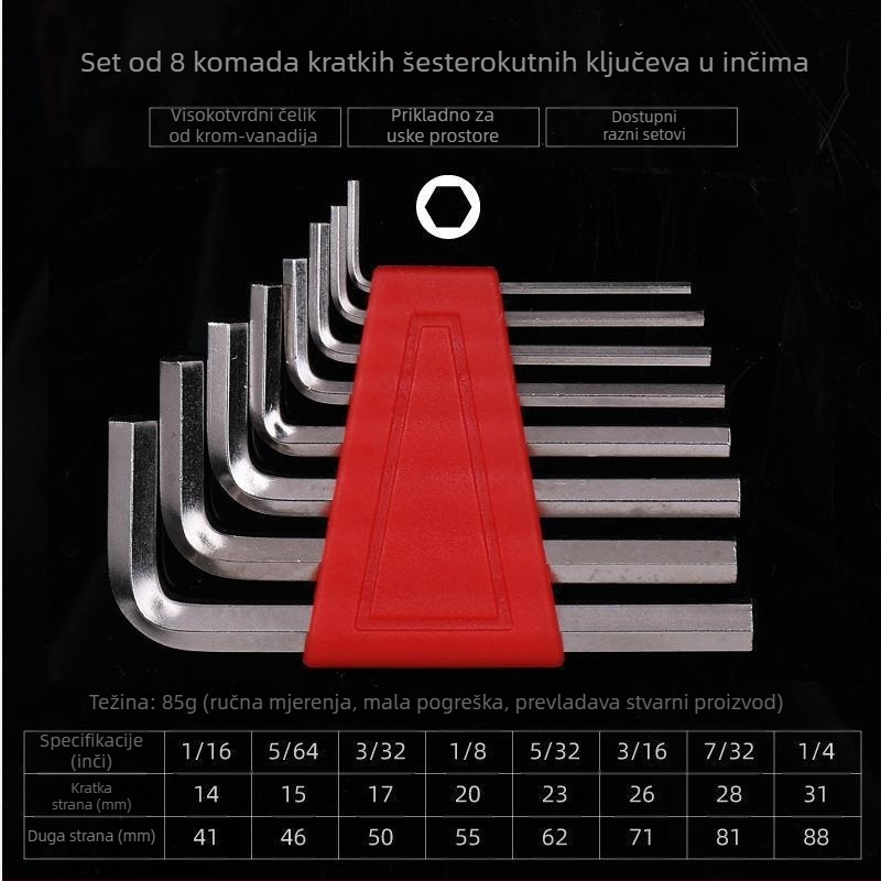 Kratki set šesterokutnih ključeva s kugličnim krajem, metrički i inčni, L-oblik ključevi