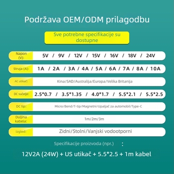 AU-standardni 12V2A napajanje s višestrukim izlazima: 5V2A, 9V2A, 18V1A, 5V3A, 24V1A; izolirano, 8-pinski priključak