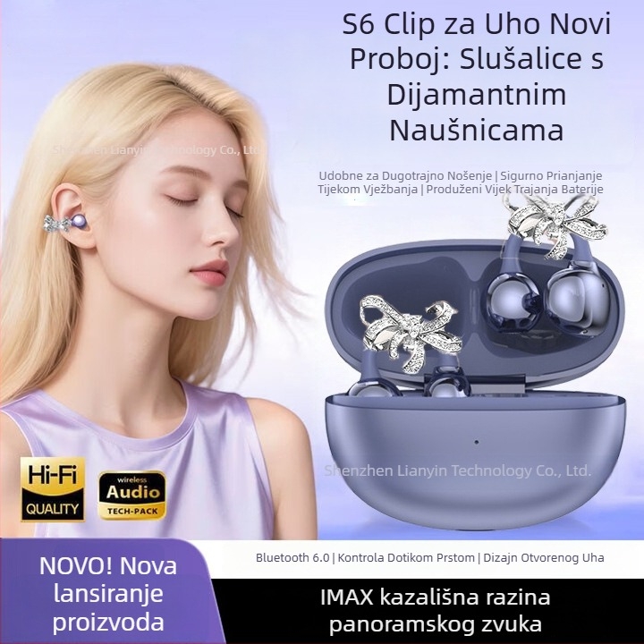 S6 Bluetooth slušalice s klipsom za uho, bežične, IPX4 vodootporne, trajanje baterije 4–8 sati, Bluetooth 5.4, stereo, minimalistički dizajn
