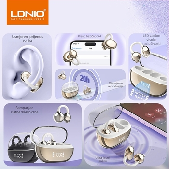 LDNIO bežične Bluetooth slušalice s kostnom kondukcijom, otvoreni dizajn za uho, sportske, IPX4, dugi vijek trajanja baterije