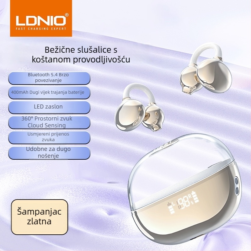 LDNIO bežične Bluetooth slušalice s kostnom kondukcijom, otvoreni dizajn za uho, sportske, IPX4, dugi vijek trajanja baterije