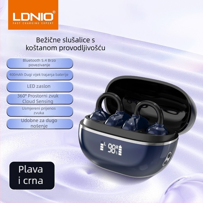LDNIO bežične Bluetooth slušalice s kostnom kondukcijom, otvoreni dizajn za uho, sportske, IPX4, dugi vijek trajanja baterije