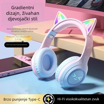 Bluetooth slušalice s mačjim ušima, svjetleća traka za glavu, dugo trajanje baterije, stereo zvuk, pogodna za sport i igranje