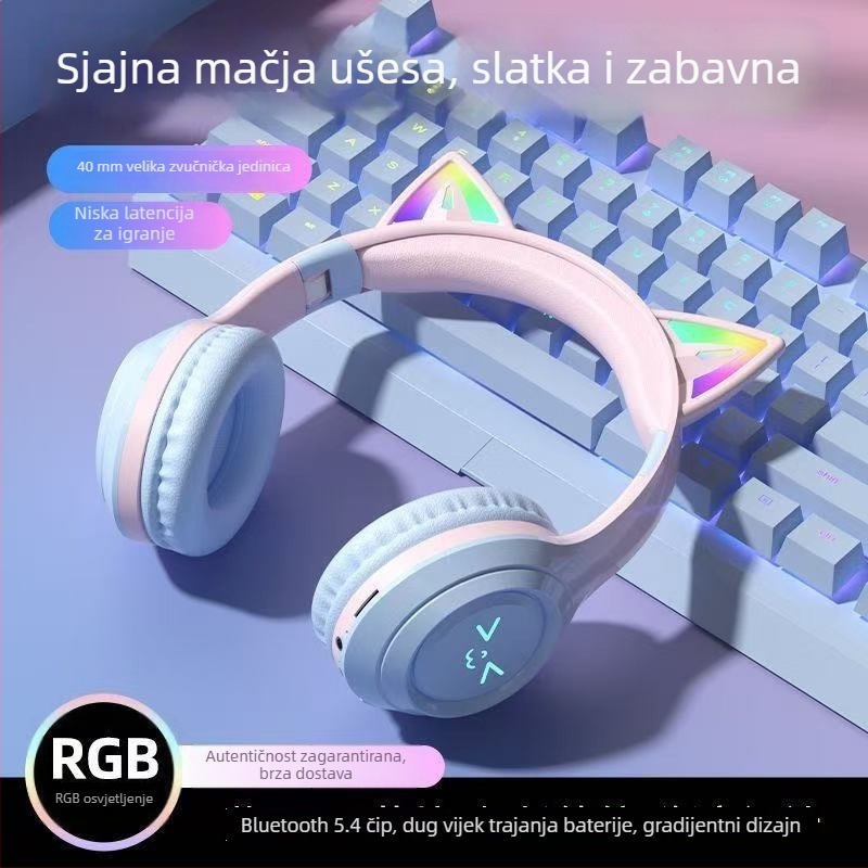Bluetooth slušalice s mačjim ušima, svjetleća traka za glavu, dugo trajanje baterije, stereo zvuk, pogodna za sport i igranje